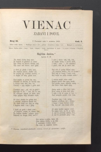 Vienac : zabavi i pouci. : 1,16(1869) / urednik Gjuro Deželić.