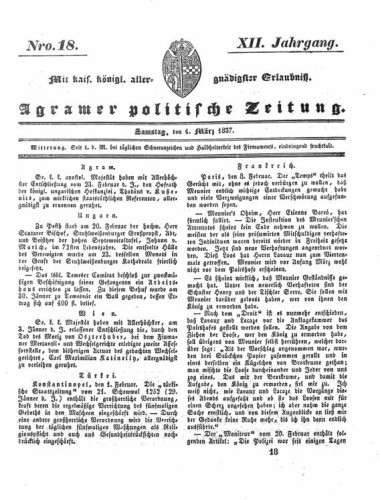 Agramer politische Zeitung : 12,18(1837) / Verlager und Redacteur Franz Stauduar und Ferd. Rosenau.