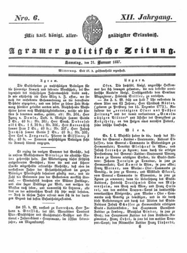 Agramer politische Zeitung : 12,6(1837) / Verlager und Redacteur Franz Stauduar und Ferd. Rosenau.