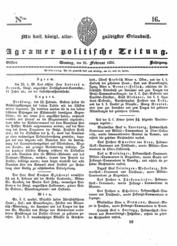 Agramer politische Zeitung : 11,16(1836) / Verlager und Redacteur Franz Stauduar und Ferd. Rosenau.