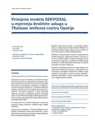 Primjena modela SERVQUAL u mjerenju kvalitete usluga u Thalasso wellness centru Opatija / Suzana Marković, Luka Škifić, Aleksandar Racz.