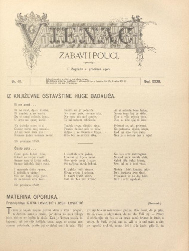 Vienac : zabavi i pouci. : 32,48(1900) / uredjuje Gjuro Arnold.
