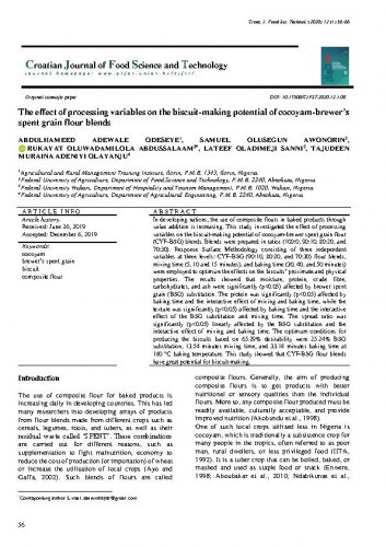 The effect of processing variables on the biscuit-making potential of cocoyam-brewer's spent grain flour blends / Abdulhameed Adewale Odeseye, Samuel Olusegun Awonorin, Rukayat Oluwadamilola Abdussalaam, Lateef Oladimeji Sanni, Tajudeen Muraina Adeniyi Olayanju.