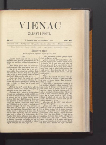Vienac : zabavi i pouci. : 3,47(1871) / urednik Ivan Dežman.