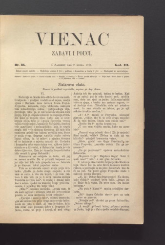 Vienac : zabavi i pouci. : 3,35(1871) / urednik Ivan Dežman.