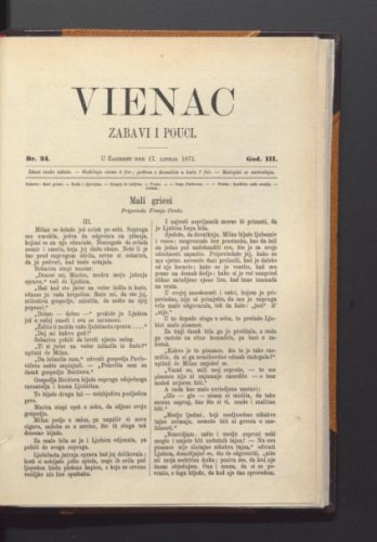 Vienac : zabavi i pouci. : 3,24(1871) / urednik Ivan Dežman.