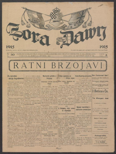 Zora : jedina hrvatska novina u cijeloj Australaziji = The Dawn : the only Croatian newspaper in all Australasia : 3, 30(1915).