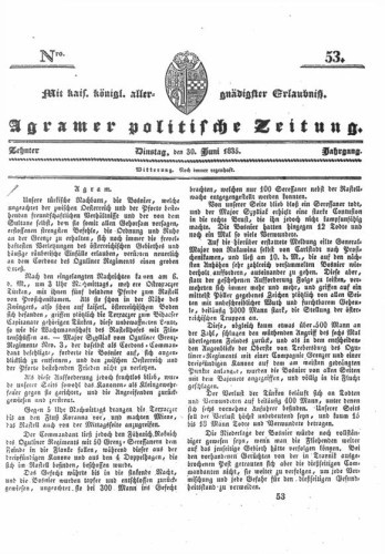 Agramer politische Zeitung : 10,53(1835) / Verlager und Redacteur Franz Stauduar und Ferd. Rosenau.