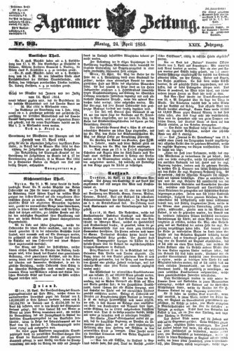 Agramer Zeitung : 29,93(1854) / für die Redaktion verantwortlich Ivan Sonvan. 