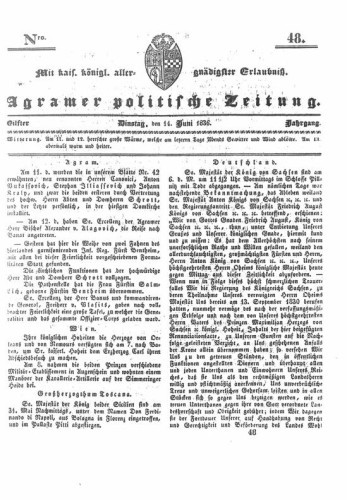 Agramer politische Zeitung : 11,48(1836) / Verlager und Redacteur Franz Stauduar und Ferd. Rosenau.