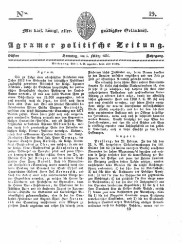 Agramer politische Zeitung : 11,19(1836) / Verlager und Redacteur Franz Stauduar und Ferd. Rosenau.