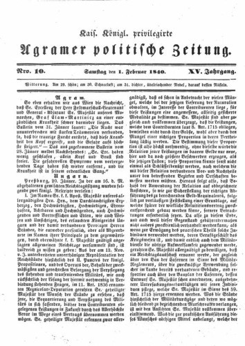 Agramer politische Zeitung : 15,10(1840) / Verlager und Redacteur Franz Stauduar und Ferdinand Rosenau.
