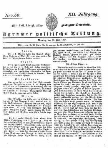 Agramer politische Zeitung : 12,59(1837) / Verlager und Redacteur Franz Stauduar und Ferd. Rosenau.