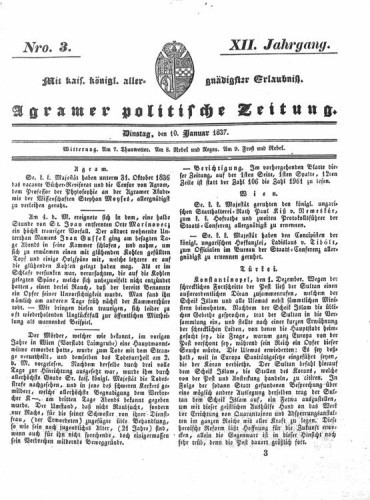 Agramer politische Zeitung : 12,3(1837) / Verlager und Redacteur Franz Stauduar und Ferd. Rosenau.
