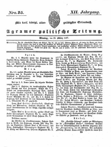 Agramer politische Zeitung : 12,25(1837) / Verlager und Redacteur Franz Stauduar und Ferd. Rosenau.