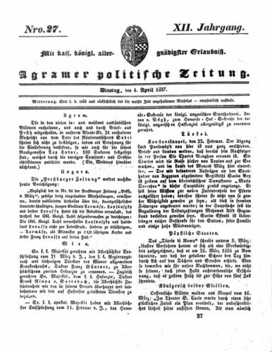 Agramer politische Zeitung : 12,27(1837) / Verlager und Redacteur Franz Stauduar und Ferd. Rosenau.