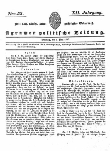 Agramer politische Zeitung : 12,53(1837) / Verlager und Redacteur Franz Stauduar und Ferd. Rosenau.