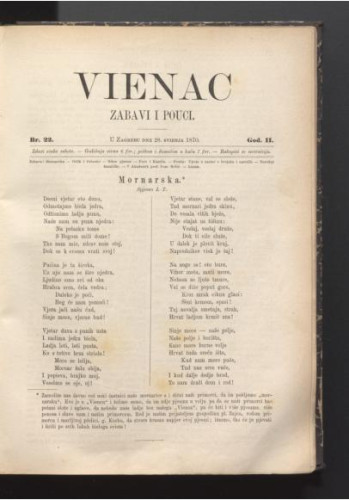 Vienac : zabavi i pouci. : 2,22(1870) / urednik Ivan Perkovac.