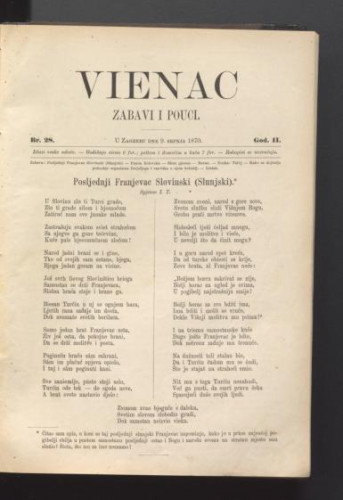 Vienac : zabavi i pouci. : 2,28(1870) / urednik Ivan Perkovac.
