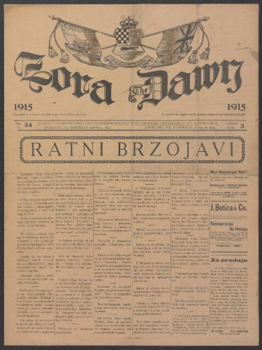 Zora : jedina hrvatska novina u cijeloj Australaziji = The Dawn : the only Croatian newspaper in all Australasia : 3, 24(1915).