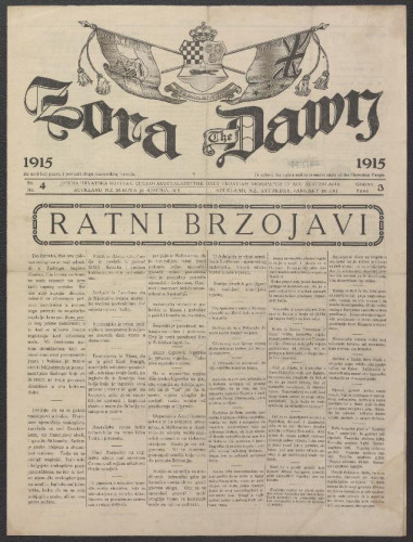 Zora : jedina hrvatska novina u cijeloj Australaziji = The Dawn : the only Croatian newspaper in all Australasia : 3, 4(1915).