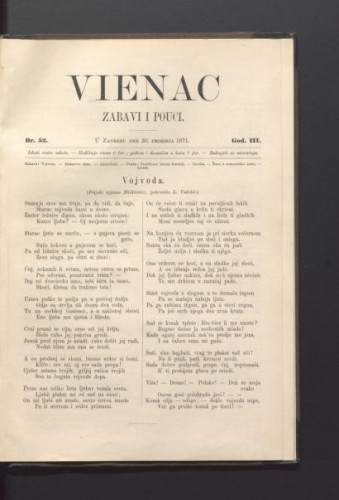 Vienac : zabavi i pouci. : 3,52(1871) / urednik Ivan Dežman.