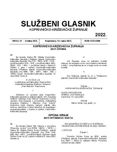 Službeni glasnik Koprivničko-križevačke županije : 30,27 (2022)   / glavni i odgovorni urednik Marina Jakšić.