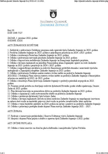 Službeni glasnik Zadarske županije : 29,30(2022)  / glavna urednica Marina Plenča Alibašić.