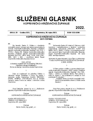 Službeni glasnik Koprivničko-križevačke županije : 30,29 (2022)   / glavni i odgovorni urednik Marina Jakšić.