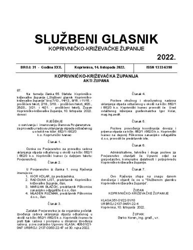 Službeni glasnik Koprivničko-križevačke županije : 30,31 (2022)   / glavni i odgovorni urednik Marina Jakšić.