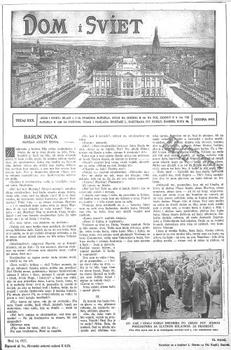 Dom i sviet  : ilustrovani list za zabavu, pouku i viesti dnevnih dogadjaja, javnom i društvenom životu, umjetnosti i znanosti, trgovini, obrtu, glazbi i kazalištu : 30,14(1917) / za uredničtvo odgovara privremeno M. Lovrenčević.