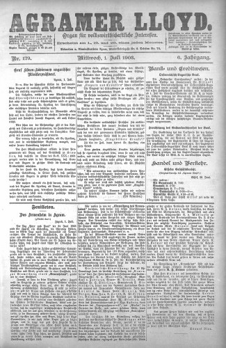 Agramer Lloyd  : organ für volkswirtschaftliche Interessen : 6,179(1903) / verantwortlicher Redacteur E. L. Blau.