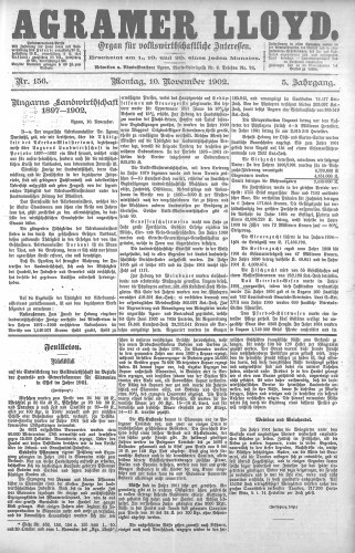 Agramer Lloyd  : organ für volkswirtschaftliche Interessen : 5,156(1902) / verantwortlicher Redacteur E. L. Blau.