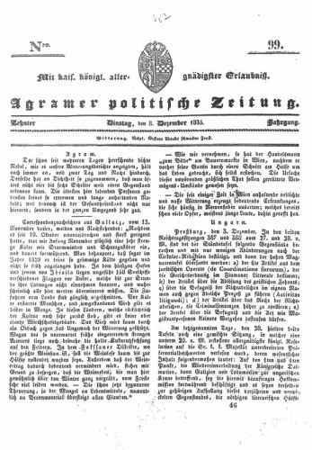 Agramer politische Zeitung : 10,99(1835) / Verlager und Redacteur Franz Stauduar und Ferd. Rosenau.