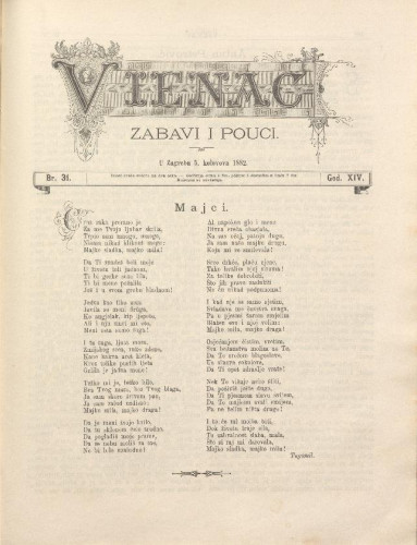 Vienac : zabavi i pouci. : 14,31(1882) / urednik Fran Folnegović.