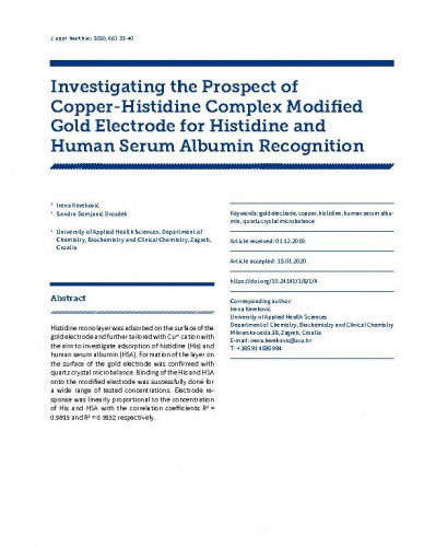 Investigating the prospect of copper-histidine complex modified gold electrode for histidine and human serum albumin recognition / Irena Kereković, Sandra Domjanić Drozdek.