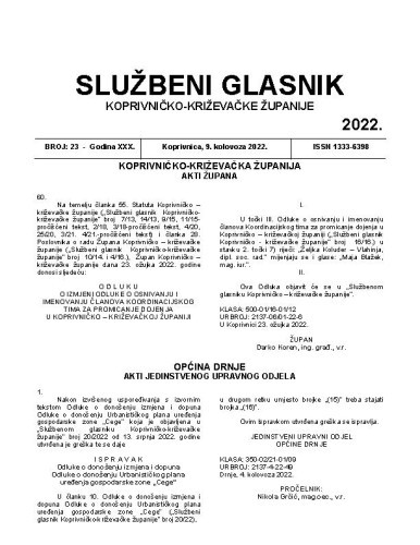 Službeni glasnik Koprivničko-križevačke županije : 30,23 (2022)   / glavni i odgovorni urednik Marina Jakšić.
