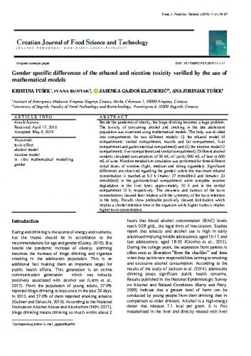 Gender specific differences of the ethanol and nicotine toxicity verified by the use of mathematical models / Kristina Tušek, Ivana Buntak, Jaseka Gajdoš Kljusurić, Ana Jurinjak Tušek.