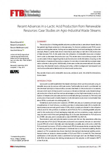 Recent advances in D-lactic acid production from renewable resources : case studies on agro-industrial waste streams / Maria Alexandri, Roland Schneider, Kerstin Mehlmann, Joachim Venus.