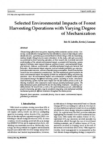 Selected environmental impacts of forest harvesting operations with varying degree of mechanization  / Eric R. Labelle, Kevin J. Lemmer.