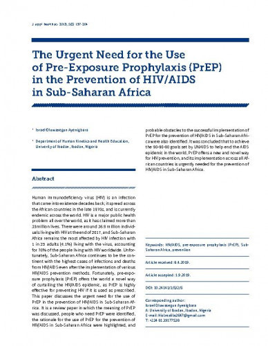 The urgent need for the use of pre-exposure prophylaxis (PrEP) in the prevention of HIV/AIDS in Sub-Saharan Africa / Israel Oluwasegun Ayenigbara.