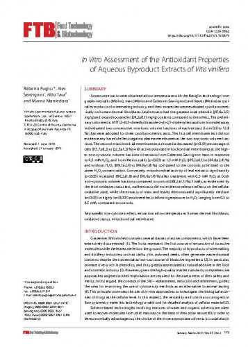 In vitro assessment of the antioxidant properties of aqueous byproduct extracts of Vitis vinifera / Roberto Puglisi, Alex Severgnini, Aldo Tava, Marina Montedoro.