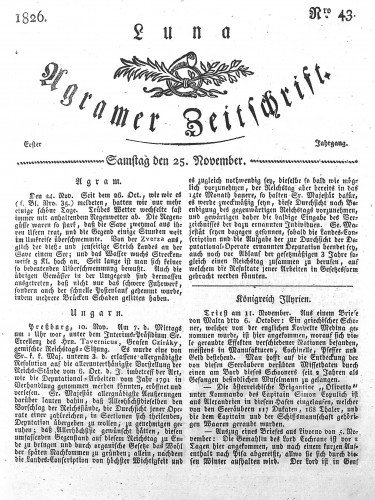 Luna Agramer Zeitschrift : 1,43(1826) / Herausgeber und Redacteurs F. S. Stauduar.