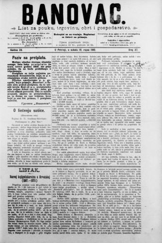Banovac  : list za pouku, trgovinu, obrt i gospodarstvo : 23,37(1910) / odgovorni urednik Dragutin Benko.