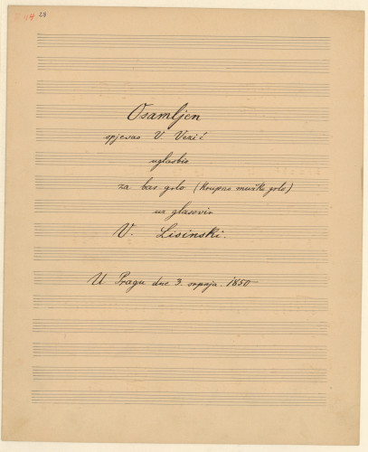 Osamljen   / spjevao V. Vezić ; uglasbio za bas-grlo (krupno mužko grlo) uz glasovir V. Lisinski.
