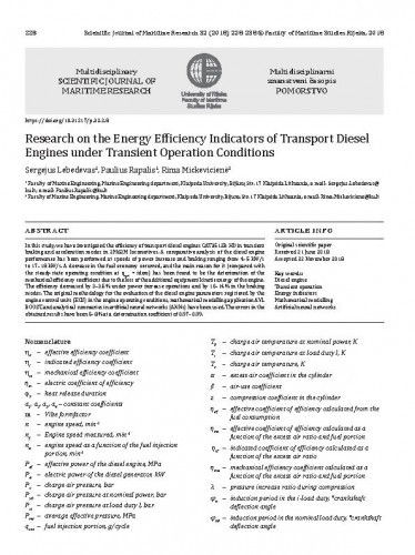 Research on the energy efficiency indicators of transport diesel engines under transient operation conditions / Sergejus Lebedevas, Paulius Rapalis, Rima Mickevicienė.