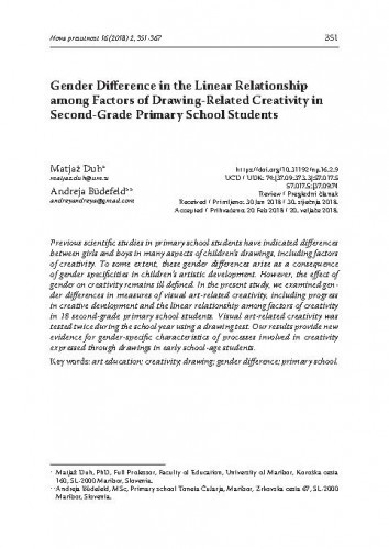 Gender difference in the linear relationship among factors of drawing-related creativity in second-grade primary school students / Matjaž Duh, Andreja Büdefeld.