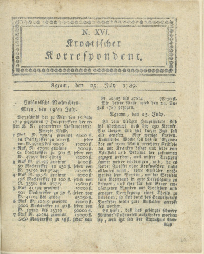 Kroatischer Korrespondent : 1,16(1789)   / [Johann Thomas].