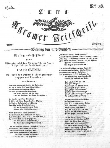 Luna Agramer Zeitschrift : 1,38(1826) / Herausgeber und Redacteurs F. S. Stauduar.