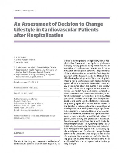An assessment of decision to change lifestyle in cardiovascular patients after hospitalization / Anita Makar, Zrinka Pukljak Iričanin, Jadranka Pavić.